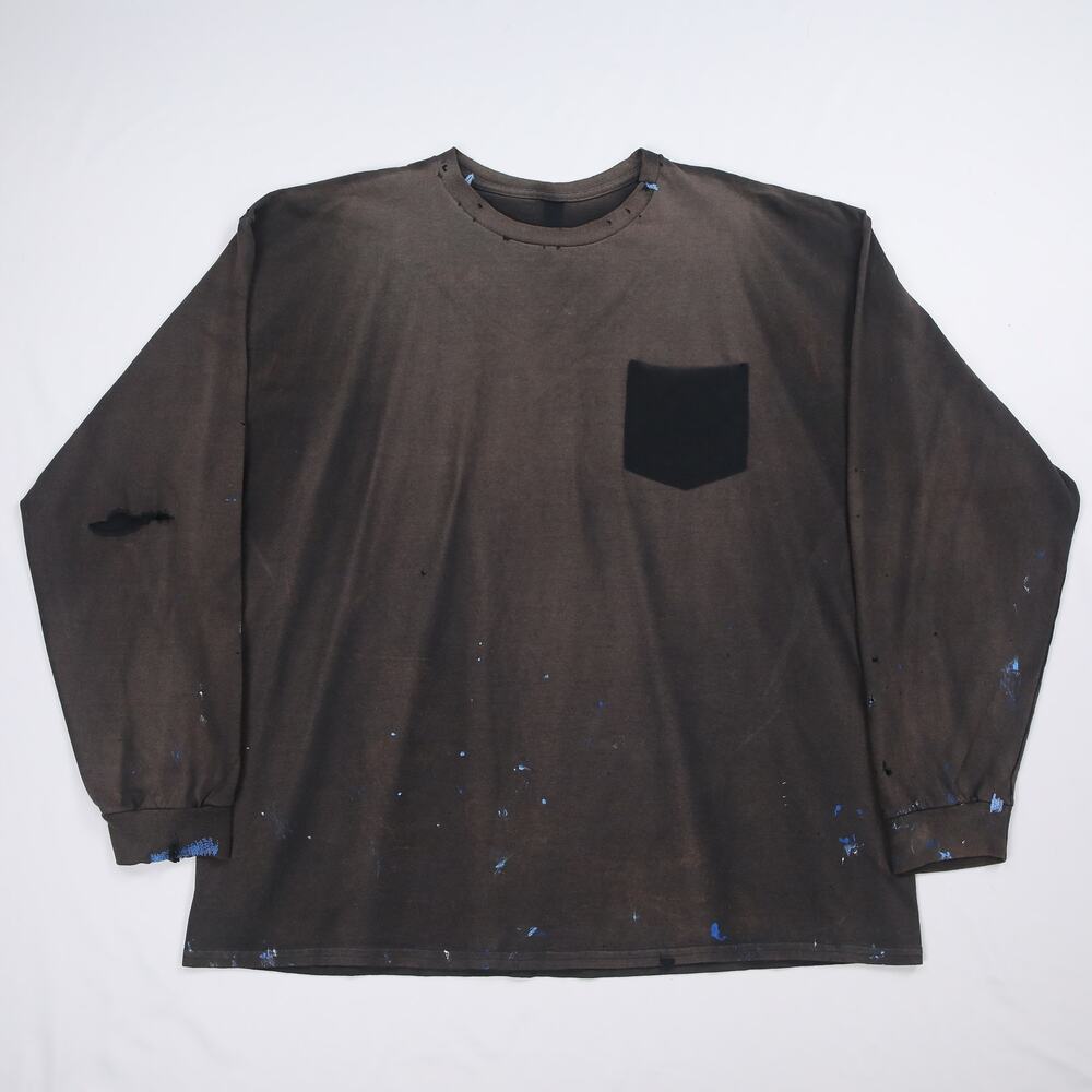 Vintage Painted Faded Black Ghost Pocket Cotton Blank Long Sleeve T-Shirt